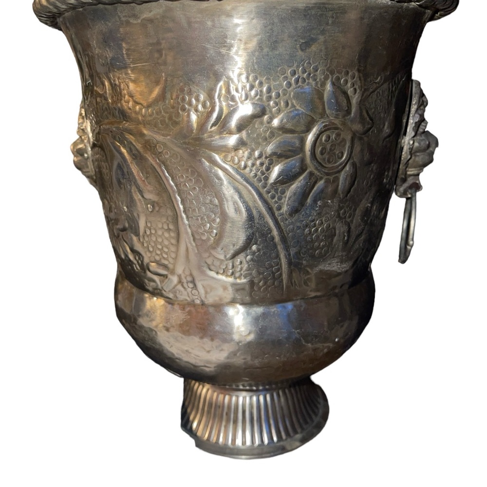 Hammered Metal Grape Leaf Nickel Finish Lion Handle Deco Wine Cooler Bucket
